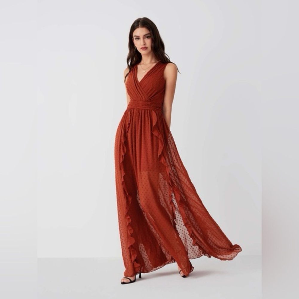 Cider Woven V-Neck Ruffle Hem Split Maxi Dress Rust Burnt Orange XL NWT - Picture 3 of 9